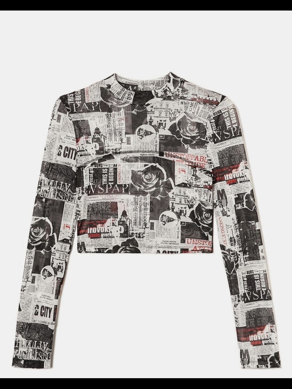 Newspaper Print Long-Sleeve Crop Top - Black & White